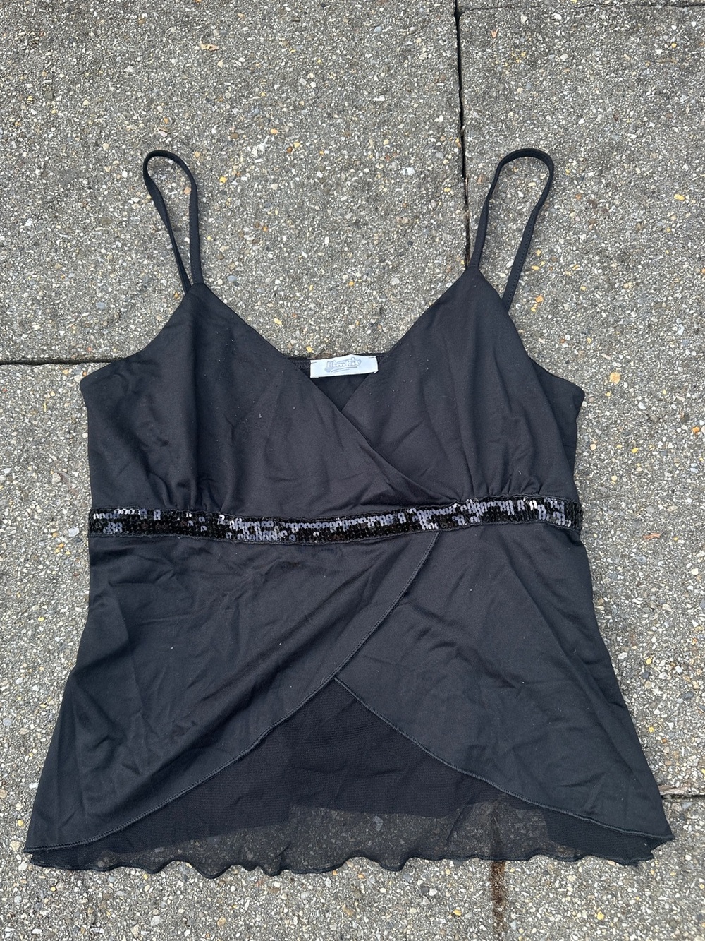 Pimkie Black Sequin Wrap Cami Top Whimsy Goth Y2K Size Large